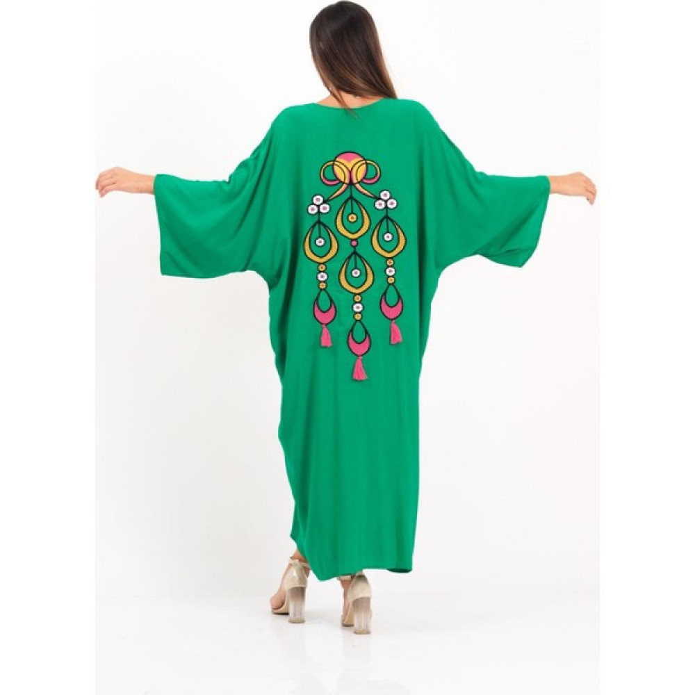 Keyifli Moda Kadın Yeşil V Yaka Cepleri ve Sırtı Otantik Nakışlı Püsküllü Oversize Uzun Gömlek Elbise Elbise Fiyatı