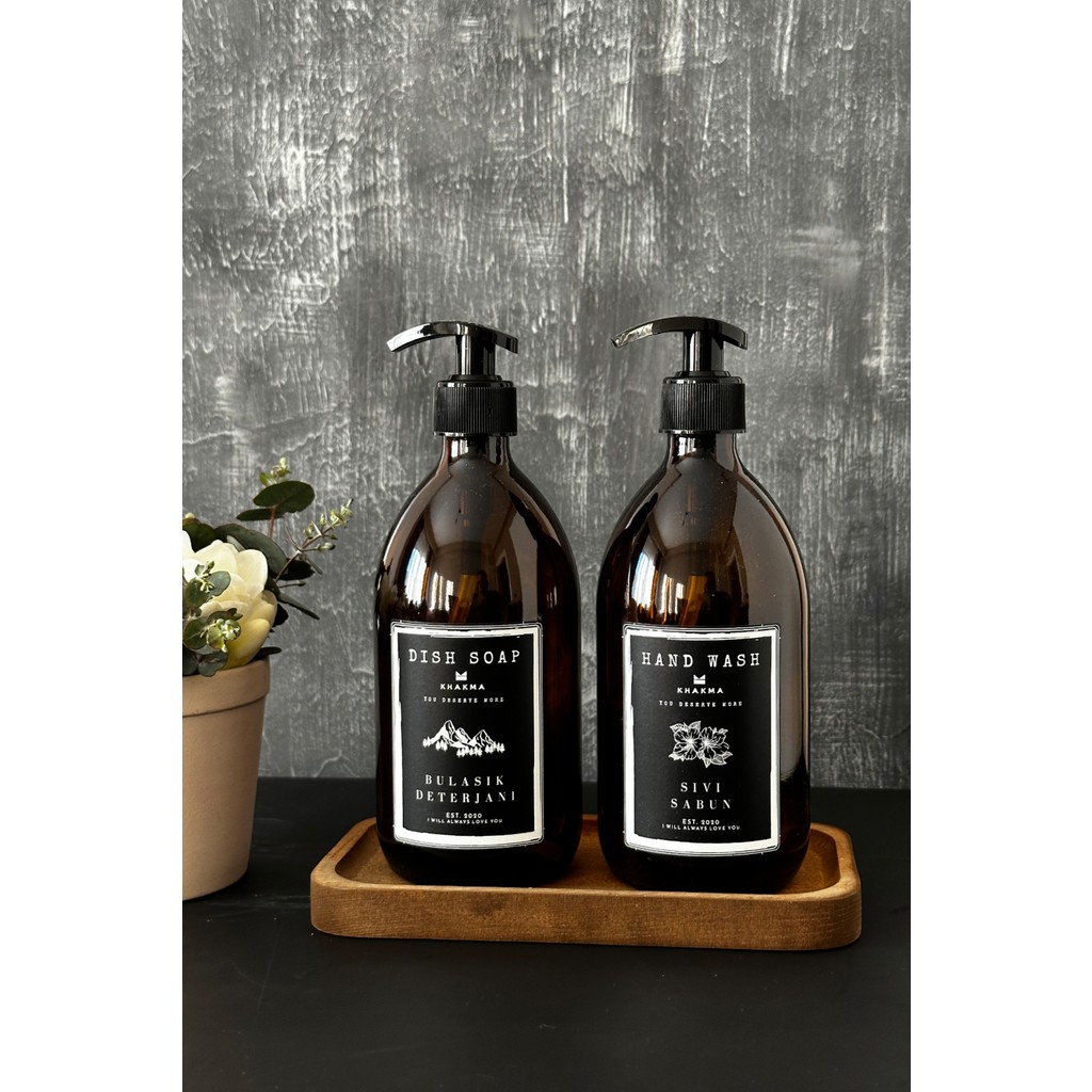 Khakma Ahşap Stantlı 2'li Sıvı Sabun Bulaşık Deterjanı Şişesi Queen Sıvı Sabunluk 500ML Ss Hd St Qshwdwah - Amber - 500 ml Bulaşık Yıkama Fiyatı