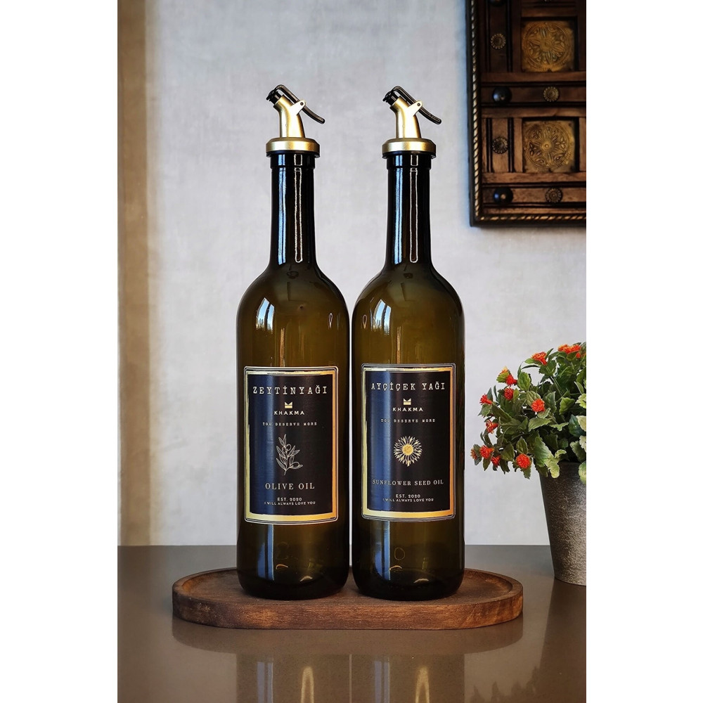KHAKMA Ahşap Stantlı Amber Siyah Gold 2li 750 Ml Zeytinyağı Sıvıyağ Şişesi Yağdanlık Yağlık Mutfak Gereçleri Fiyatı
