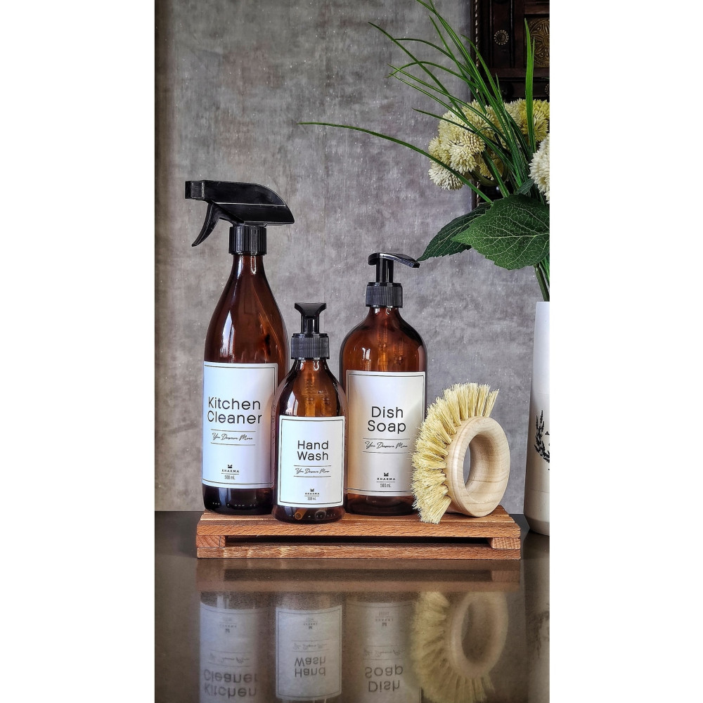 KHAKMA Ahşap Stantlı Fırçalı 3lü Amber Cam Bulaşık Deterjanı Kitchen Cleaner Sıvı Sabunluk 500ml Sabunluk Fiyatı