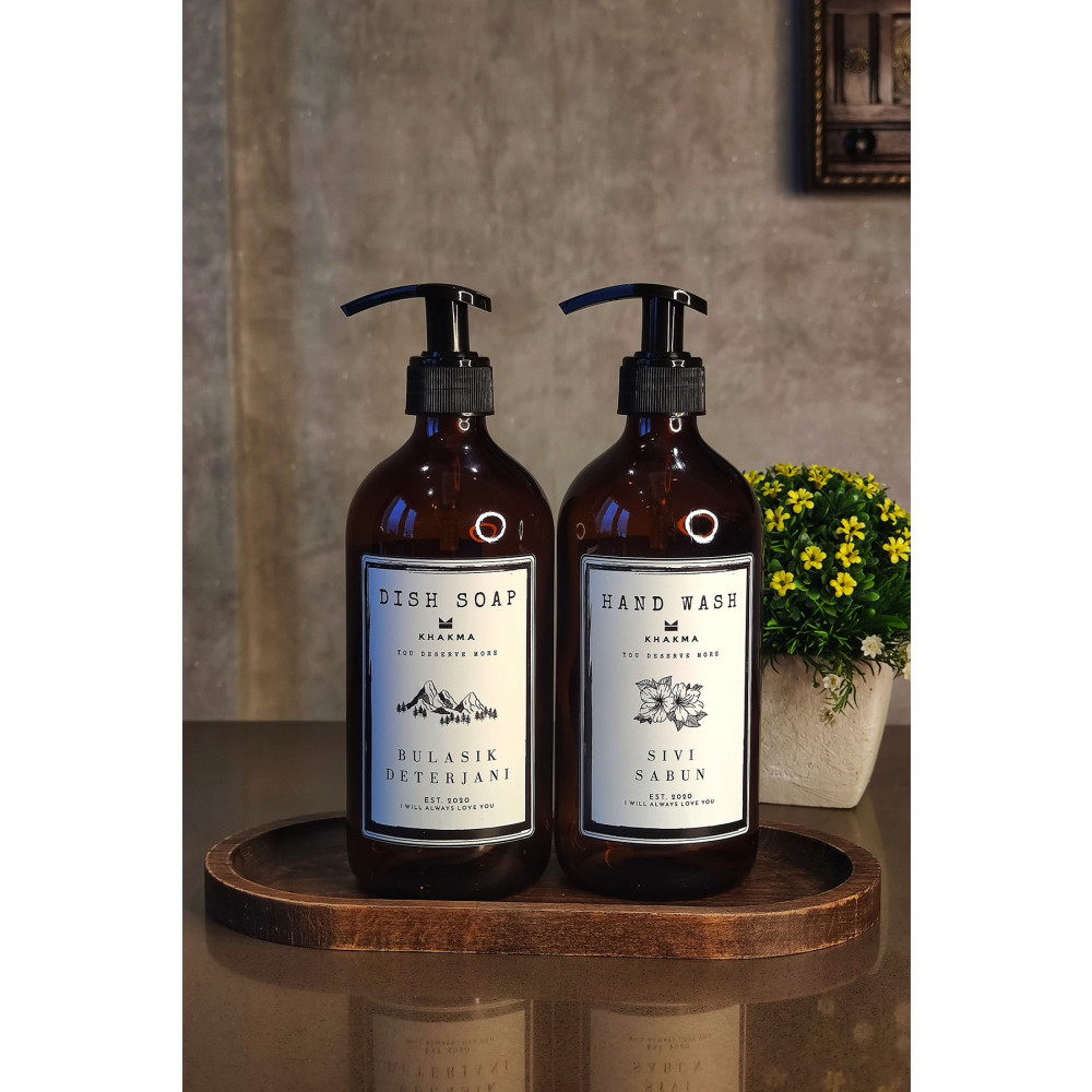 KHAKMA Oval Ahşap Stantlı 2li Amber Cam Sıvı Sabun Bulaşık Deterjanı Şişesi Sabunluk 500ml Bb Hd St Sabunluk Fiyatı