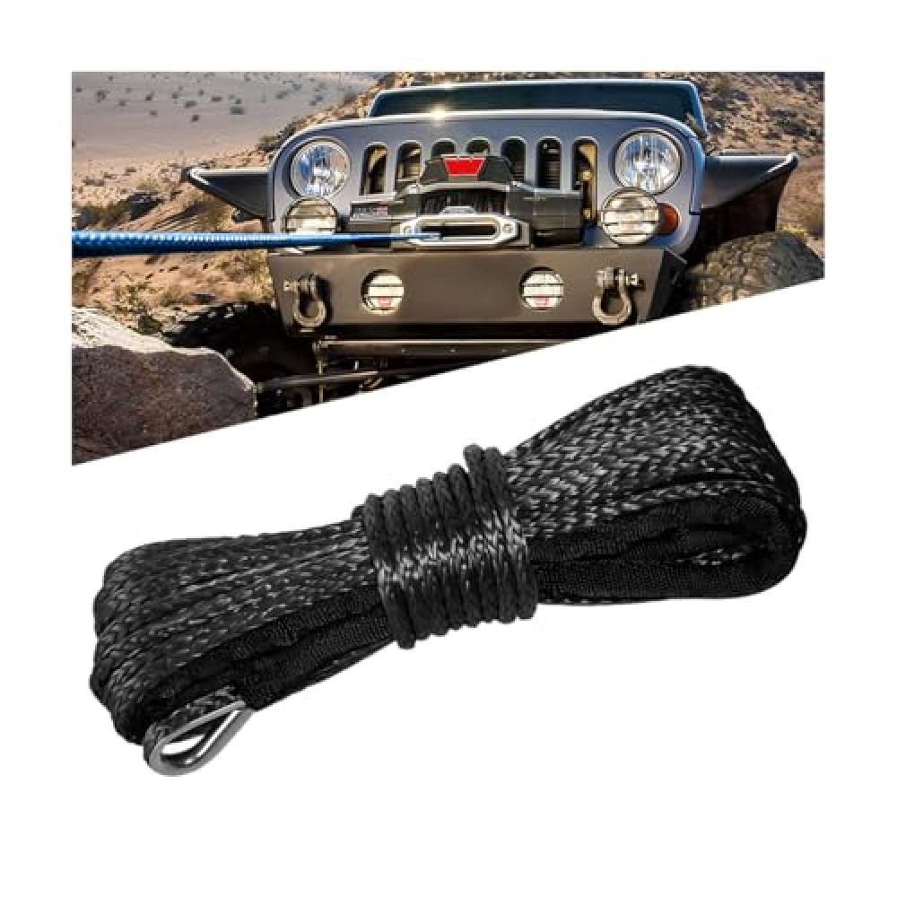 KHGUZ 1/4'' x 50 Ft Car Synthetic Winch Rope Kit, 10000LBS Heavy Duty Vehicle Winch Cable with Protecting Sleeve and Thimble, Automotive Accessories, Universal for Off Road ATV UTV (Black)