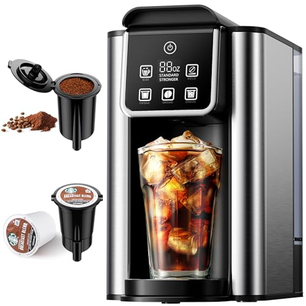 KIDISLE Hot & Iced Coffee Maker with Bold Setting, Single Serve Coffee Maker for K Cup and Grounds, 6-14 oz Brew Sizes, 50 oz Removable Water Tank, One Cup Coffee Machine with Reusable Filter, Black