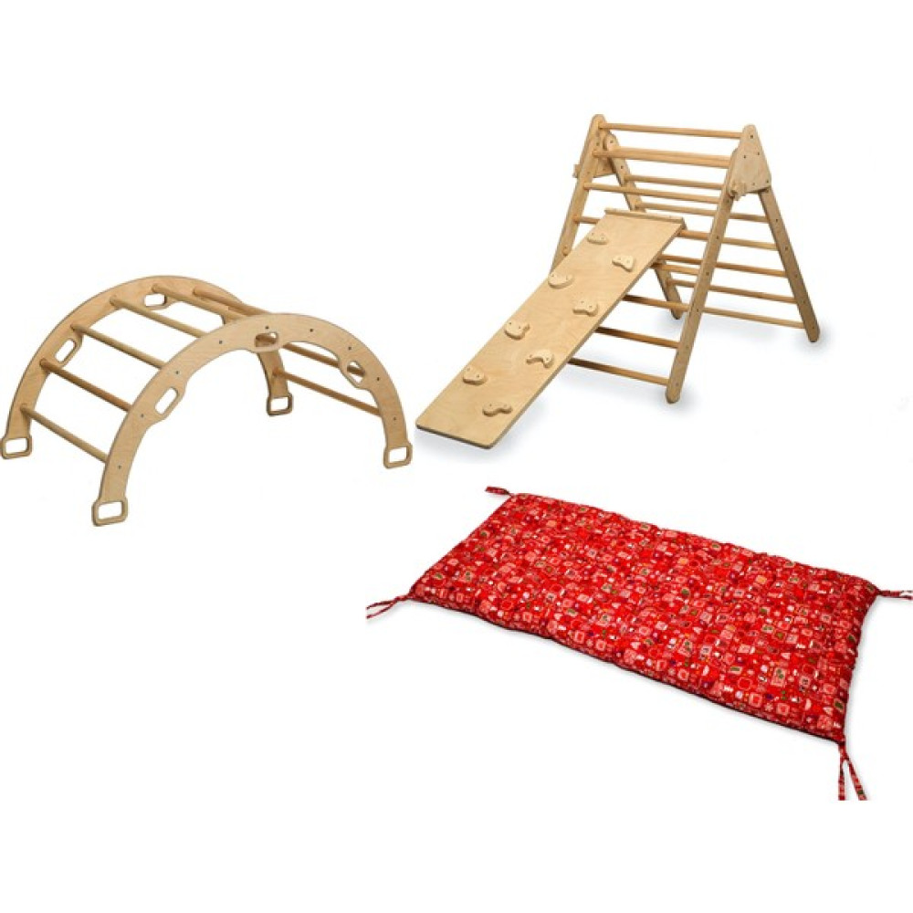 Kidoppo Pikler Tırmanma Seti ve Yastık | Montessori 3'lü Set | kemer + Üçgen + Taşlı Rampa + Yılbaşı Desenili Yastık - Kırmızı Açık Hava, Deniz ve Spor Oyuncakları Fiyatı