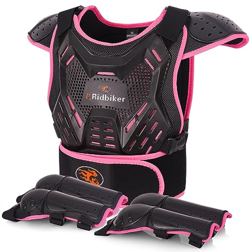Kids Dirt Bike Gear Motorcycle Armor, Kids Chest Protector Motocross Motorcycle Protective Gear Body Armor Vest Knee Guards and Elbow Full Body Protection Set for Cycling Skateboard MTB ATV (Pink)