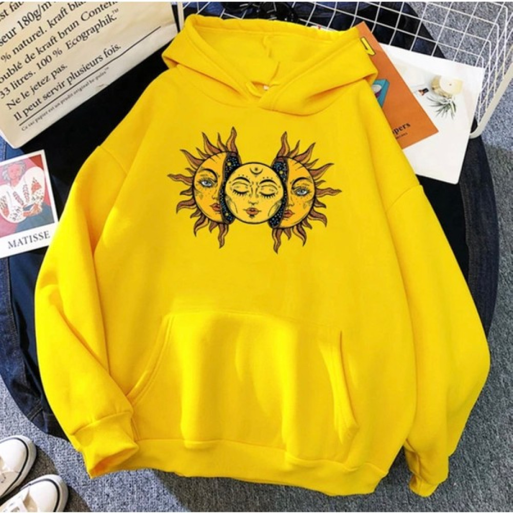 Kids Face Kapşonlu Güneş Baskılı 3 İplik Şardonlu Kız Çocuk Sweatshırt Kız Çocuk Sweatshirt Fiyatı