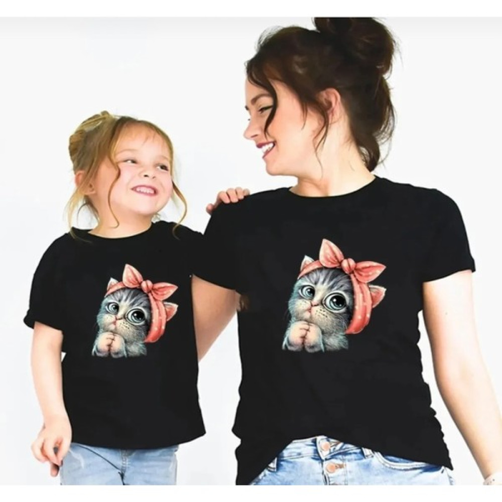 Kids Face Özel Tasarım Bandanalı Kedicik Baskılı %100 Pamuk Ter Tutmayan Anne-Çocuk Kombini T-Shırt Kız Çocuk T-shirt Fiyatı