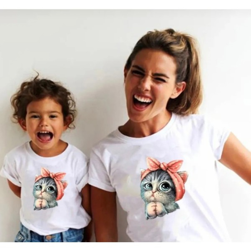 Kids Face Özel Tasarım Bandanalı Kedicik Baskılı Pamuk Ter Tutmayan Anne-Çocuk Kombini T-Shırt Kız Çocuk T-shirt Fiyatı