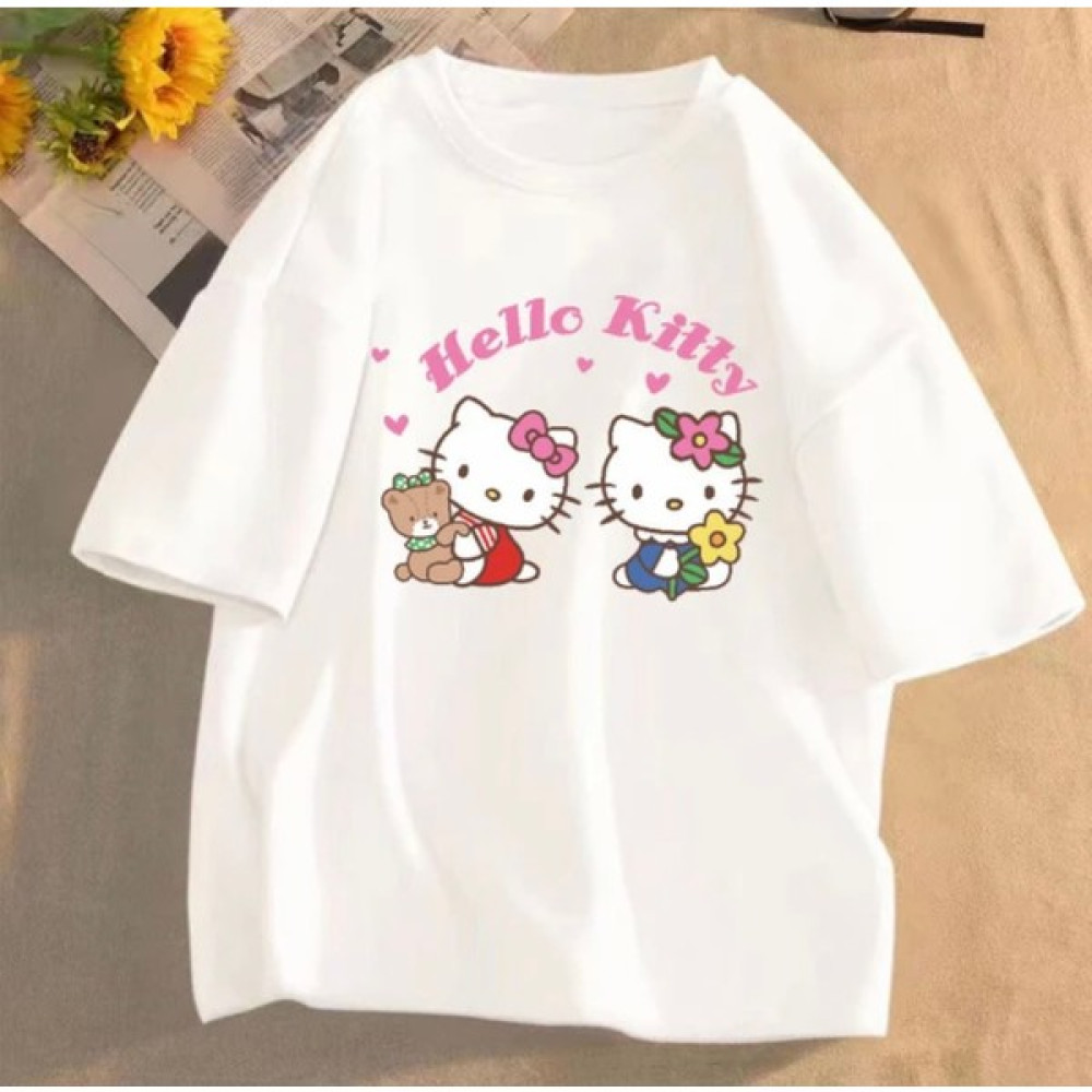 Kids Face Özel Tasarım Bisiklet Yaka Hello Kıtty Baskılı %100 Pamuk Oversize Kız Çocuk T-Shırt Kız Çocuk T-shirt Fiyatı