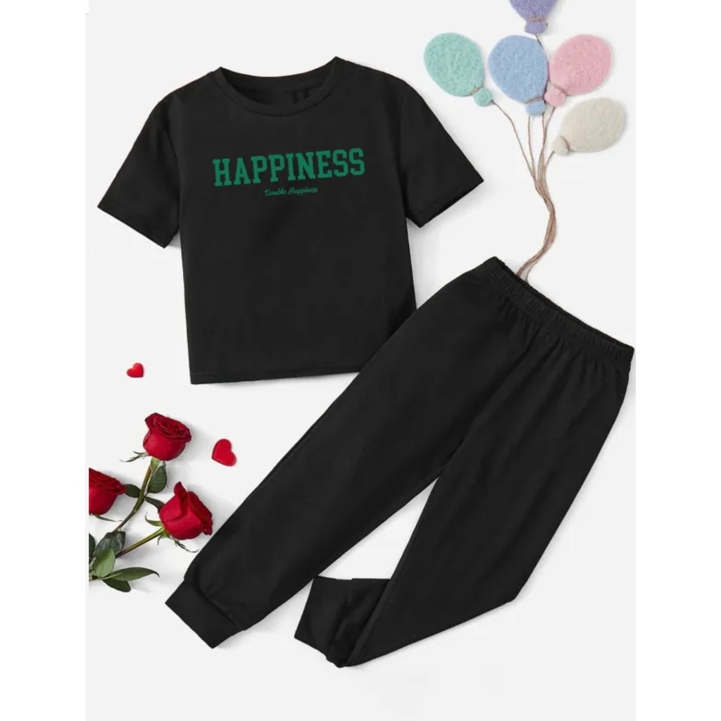 Kids Face Özel Tasarım Happiness Baskılı Yeni Trend Kısa Kollu Yazlık Kız Çocuk Eşofman Takımı Kız Çocuk Giyim Takımı Fiyatı