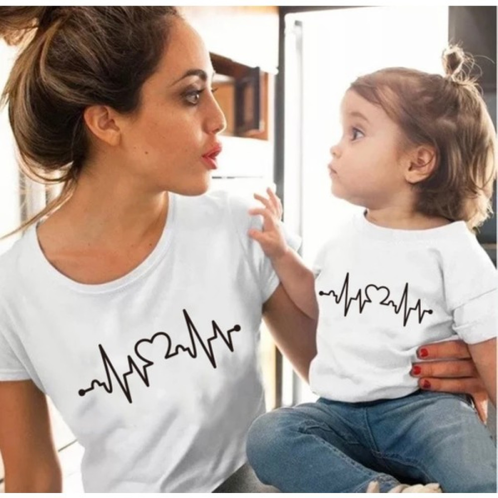 Kids Face Özel Tasarım Kalp Ritmi Baskılı Pamuk Ter Tutmayan Anne-Çocuk Kombini T-Shırt Kız Çocuk T-shirt Fiyatı