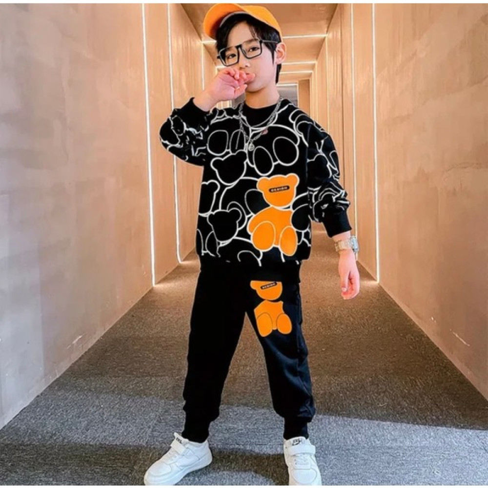 Kids Face Özel Tasarım Turuncu Ayıcık Baskılı 3 Iplik Şardonlu Kışlık Pamuk Luxury Erkek Çocuk Eşofman Takımı Erkek Çocuk Eşofman Fiyatı