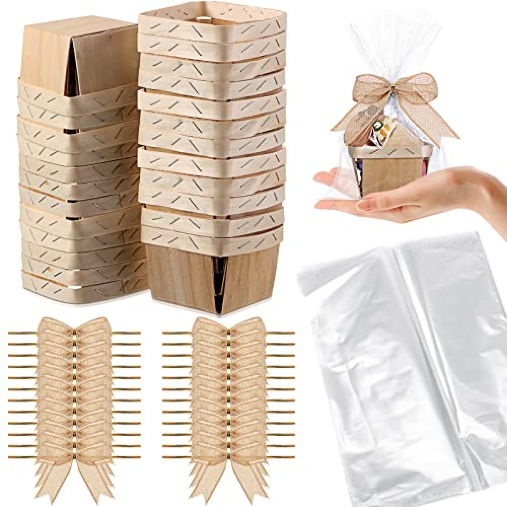 Kigley 24 Set Wooden Gift Baskets Empty Small Gift Basket with Cellophane Bags Bows Basket Kit for Easter DIY Picking Fruit Birthday Wedding Bow Party(4 Inch,Brown)