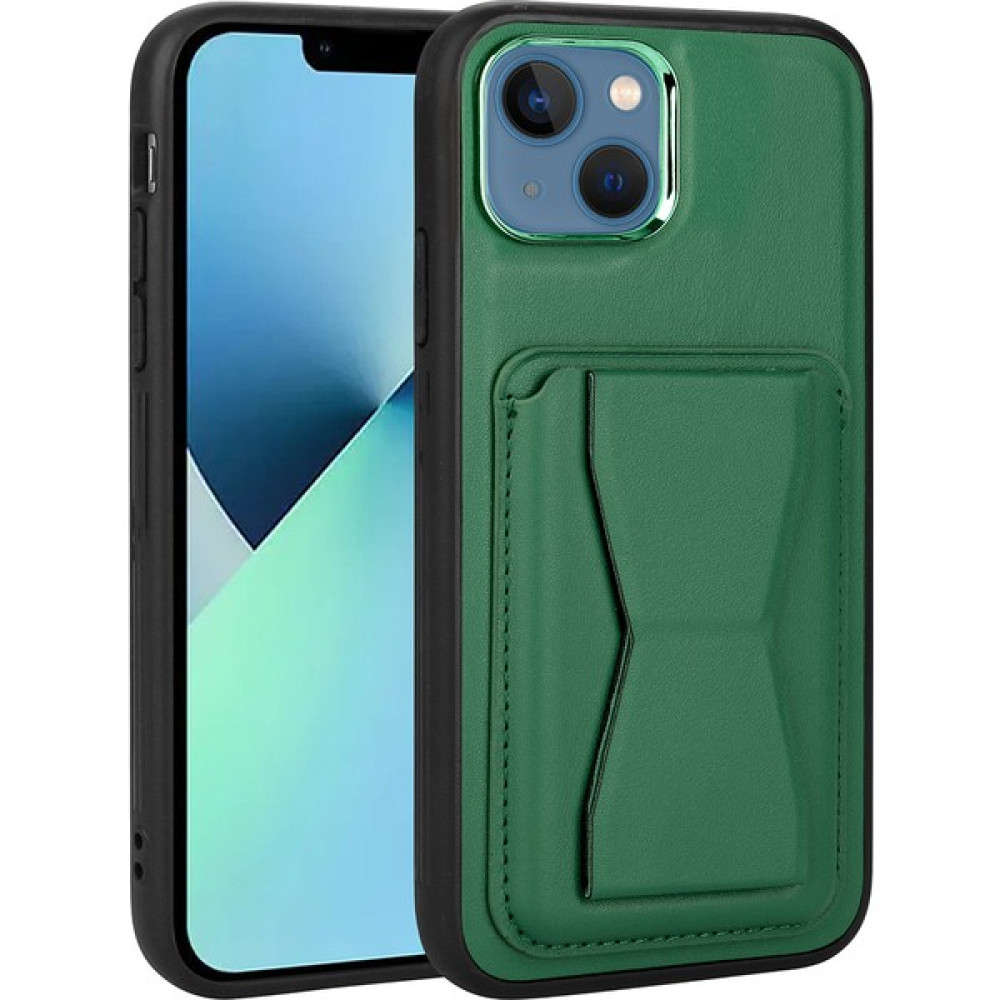 Kılıf Adam Apple iPhone 13 Kılıf Kamera Çıkıntılı Kart Bölmeli Cüzdanlı Standlı Pu Deri Kapak - Koyu Yeşil - iPhone 13 Cep Telefonu Kılıfı Fiyatı