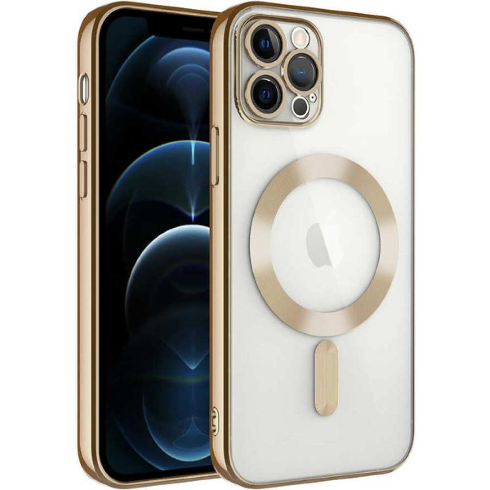 Kılıfmania Apple iPhone 12 Pro Kapak Mag Safe Özellikli Lens Korumalı Logo Gösteren Şeffaf Luxury Silikon Kılıf - Gold Cep Telefonu Kılıfı Fiyatı