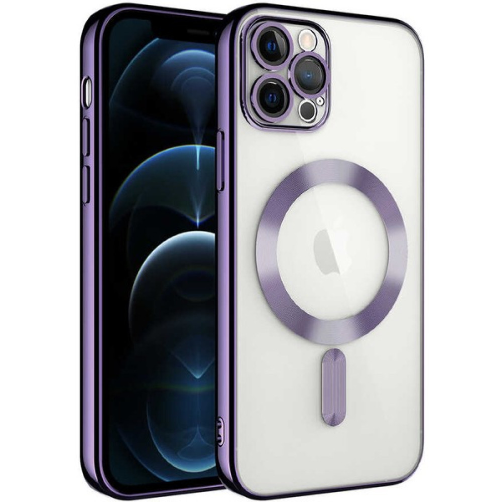 Kılıfmania Apple iPhone 12 Pro Max Kapak Mag Safe Özellikli Lens Korumalı Logo Gösteren Şeffaf Luxury Silikon Kılıf - Mor Cep Telefonu Kılıfı Fiyatı