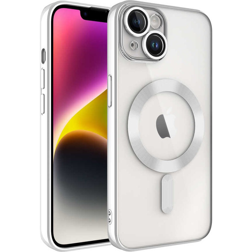 Kılıfmania Apple iPhone 13 Kapak Mag Safe Özellikli Lens Korumalı Logo Gösteren Şeffaf Luxury Silikon Kılıf - Gümüş Cep Telefonu Kılıfı Fiyatı