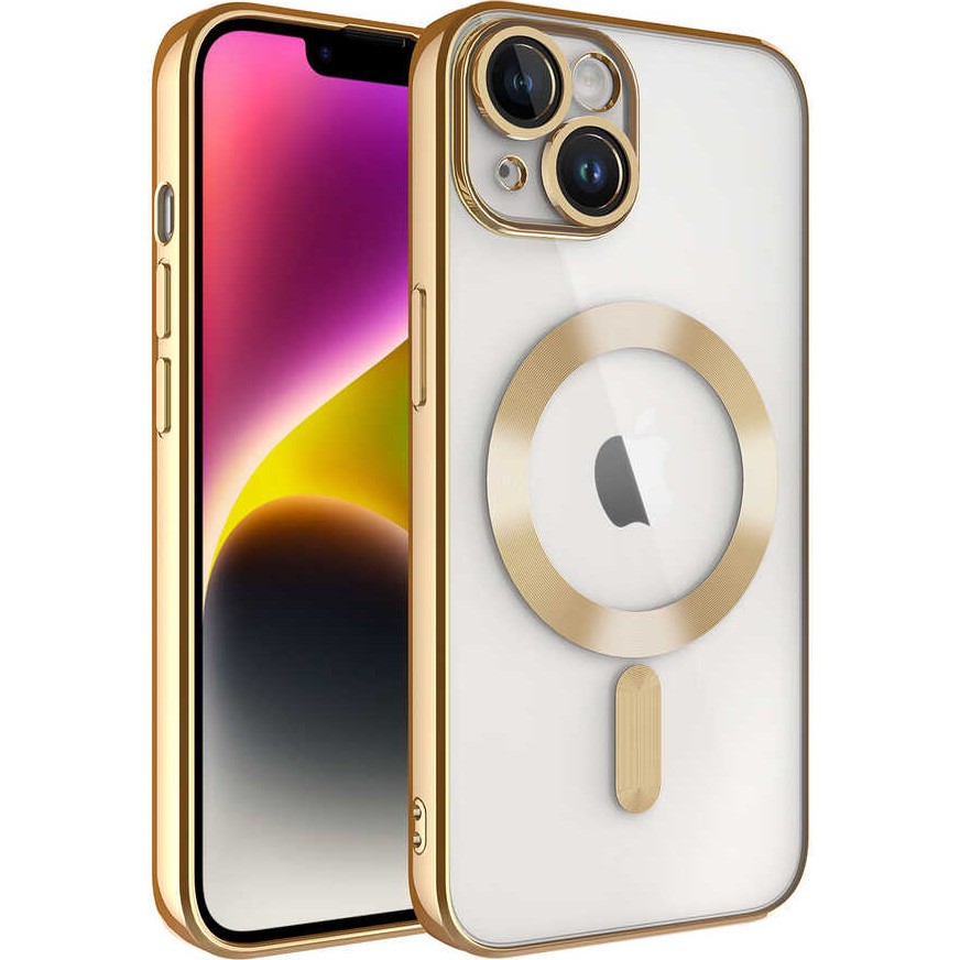 Kılıfmania Apple iPhone 14 Plus Kapak Mag Safe Özellikli Lens Korumalı Logo Gösteren Şeffaf Luxury Silikon Kılıf - Gold Cep Telefonu Kılıfı Fiyatı