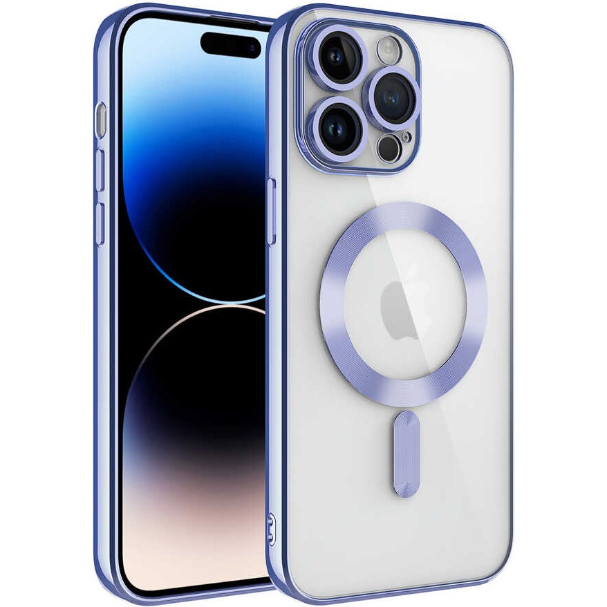 Kılıfmania Apple iPhone 14 Pro Kapak Mag Safe Özellikli Lens Korumalı Logo Gösteren Şeffaf Luxury Silikon Kılıf - Lila Cep Telefonu Kılıfı Fiyatı