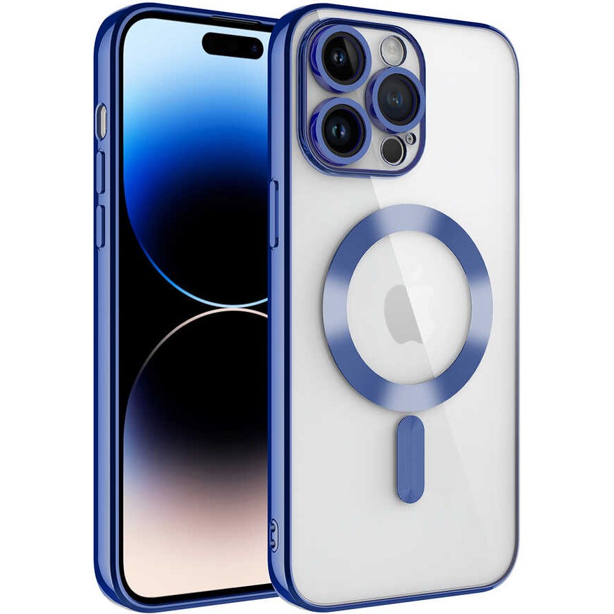 Kılıfmania Apple iPhone 14 Pro Kapak Mag Safe Özellikli Lens Korumalı Logo Gösteren Şeffaf Luxury Silikon Kılıf - Mavi Cep Telefonu Kılıfı Fiyatı