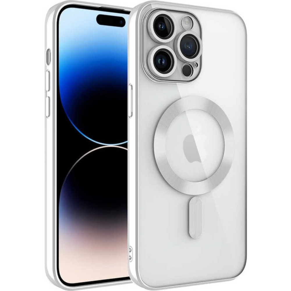 Kılıfmania Apple iPhone 14 Pro Max Kapak Mag Safe Özellikli Lens Korumalı Logo Gösteren Şeffaf Luxury Silikon Kılıf - Gümüş Cep Telefonu Kılıfı Fiyatı