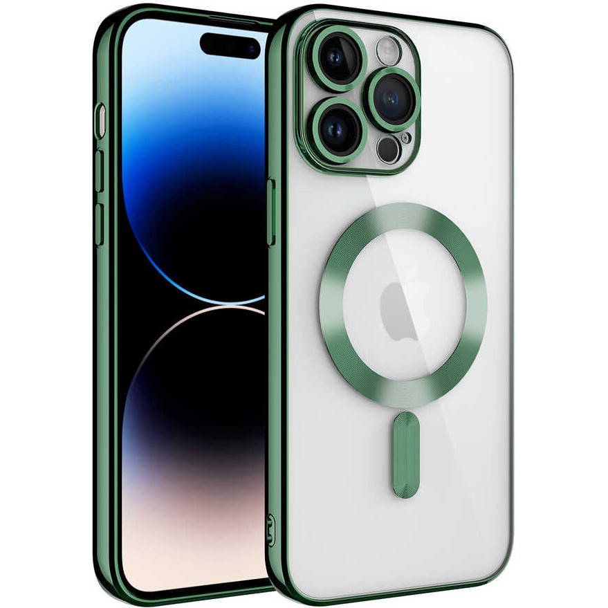 Kılıfmania Apple iPhone 14 Pro Max Kapak Mag Safe Özellikli Lens Korumalı Logo Gösteren Şeffaf Luxury Silikon Kılıf -Yeşil - Yeşil Cep Telefonu Kılıfı Fiyatı