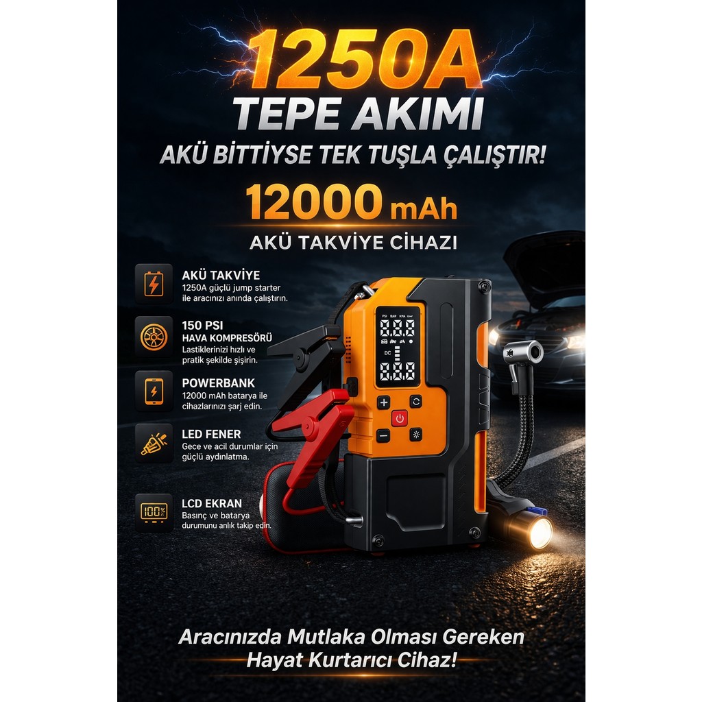 Kılıforyum 1250A Akü Takviye Cihazı 12000 Mah Jump Starter 150 Psı Hava Kompresörü Powerbank LED - 120W 12000Mah Hava Kompresörü Fiyatı