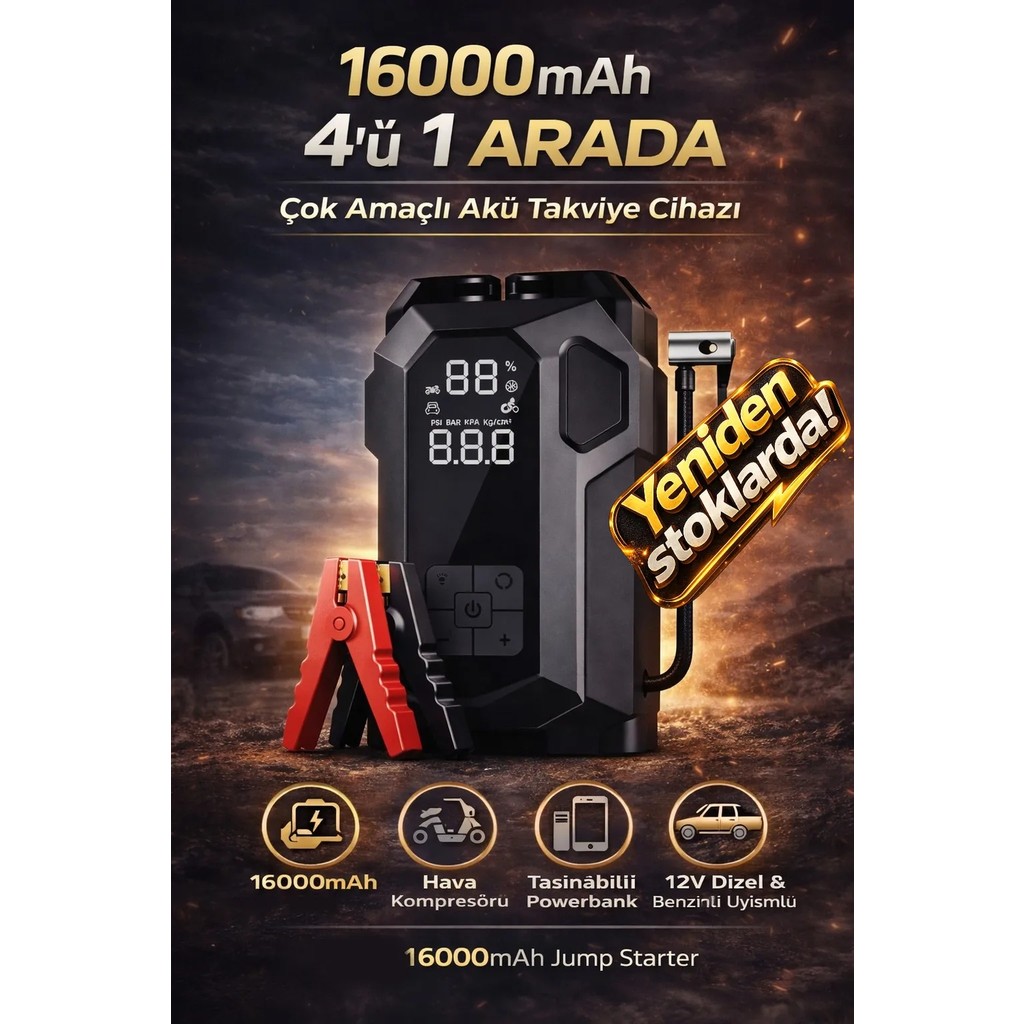 Kılıforyum 16000MAH Akıllı Akü Takviye Cihazı | Kompresörlü 4’ü 1 Arada Jump Starter Yeni Nesil - Akü Takviye Siyah Hava Kompresörü Fiyatı