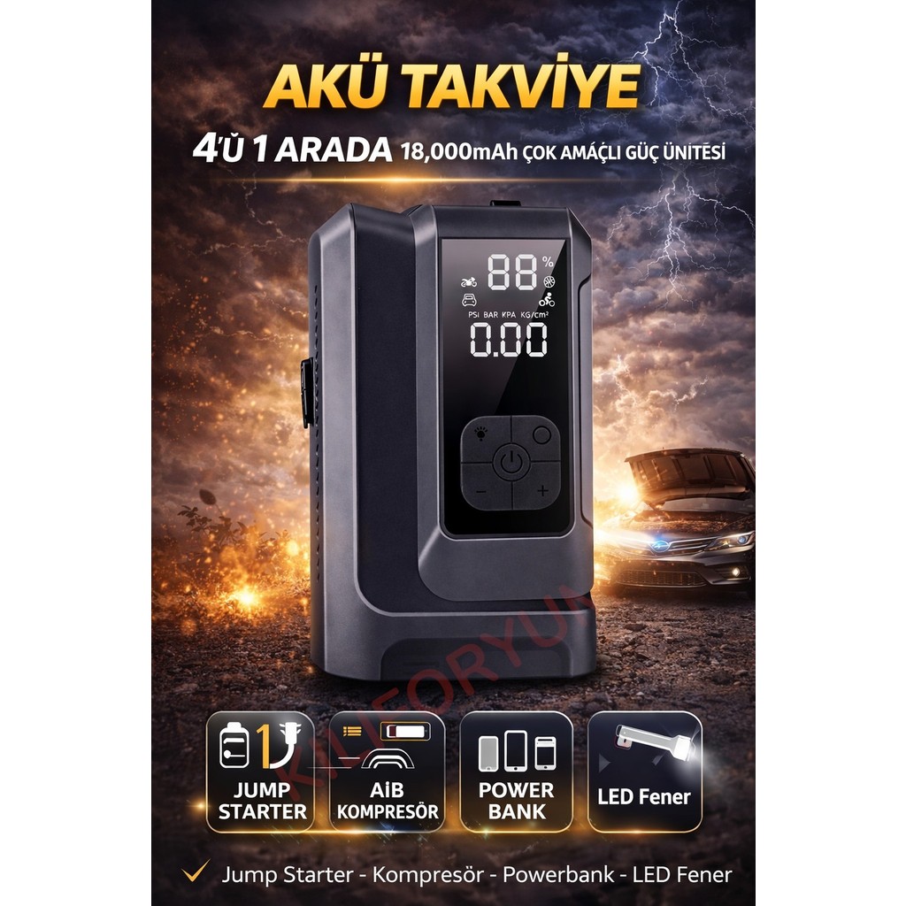 Kılıforyum 18000MAH Akü Takviye ve Kompresör 4’ü 1 Arada Taşınabilir Araç Marş Basma Cihazı - 18binMahNEwSeri Hava Kompresörü Fiyatı