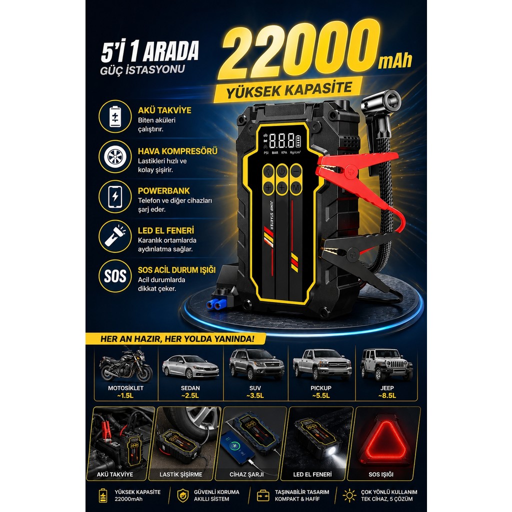 Kılıforyum 22000MAH Akü Takviye Cihazı Hava Kompresörü Powerbank 5in1 Jump Starter Yeni Nesil Hava Kompresörü Fiyatı
