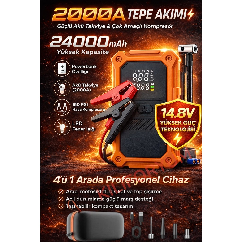 Kılıforyum 24000MAH Akü Takviye ve Hava Kompresörü 2000AMPER 14.8V 150PSI Powerbank LED 4in1 Profesyonel - 24000MAH-2000A Hava Kompresörü Fiyatı