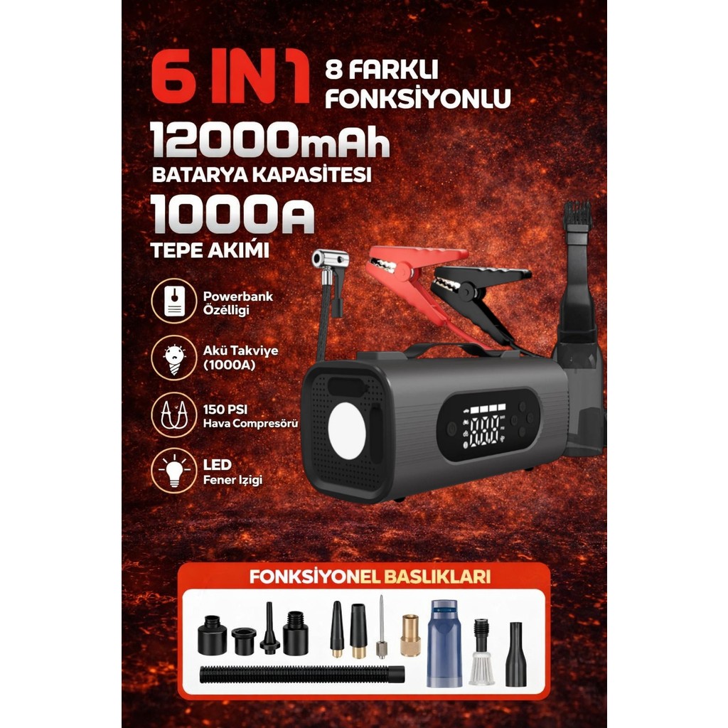 Kılıforyum 6in1 Akü Takviye Hava Kompresörü Süpürge 12000MAH 1000A 150PSI Powerbank LED - 6in1-Süpürgeli Hava Kompresörü Fiyatı