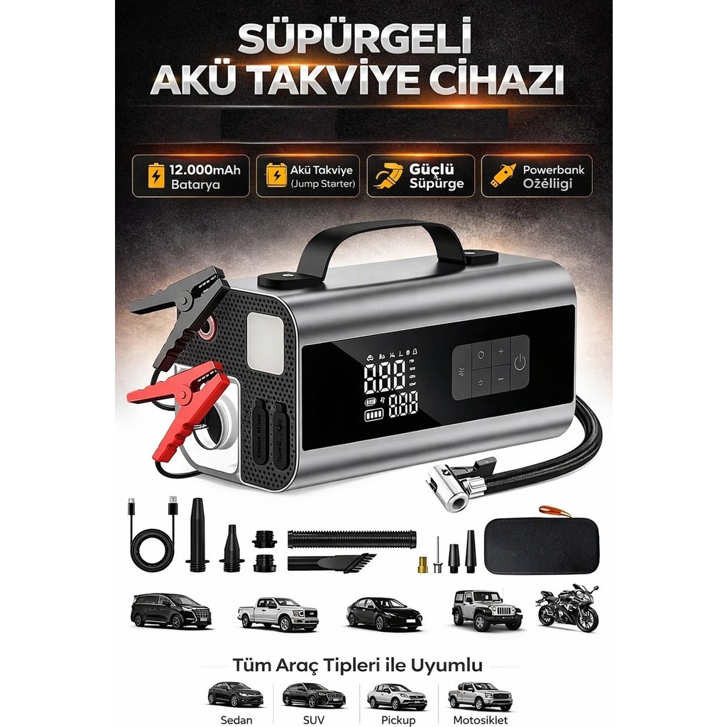 Kılıforyum Akü Takviye + Süpürgeli + Kompresör + Powerbank 12000MAH Çok Fonksiyonlu Araç Cihazı - Süpürgeli Akü Takviye Hava Kompresörü Fiyatı