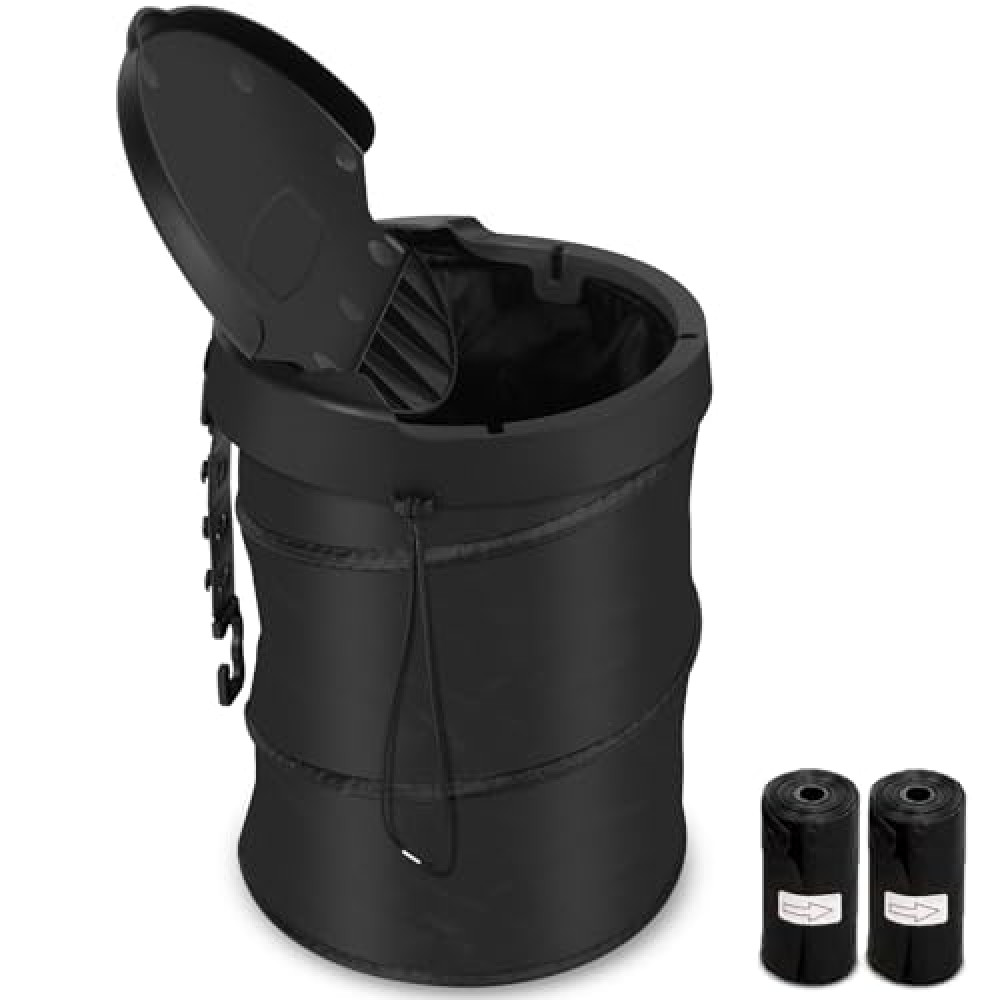 Kincown Car Trash Can, Pop up Collapsible Bin with Lid, Small Car Garbage Can for Back Seat Front Seat, Portable Bag with Hanging Hook, Vehicle Truck SUV Trash Bin