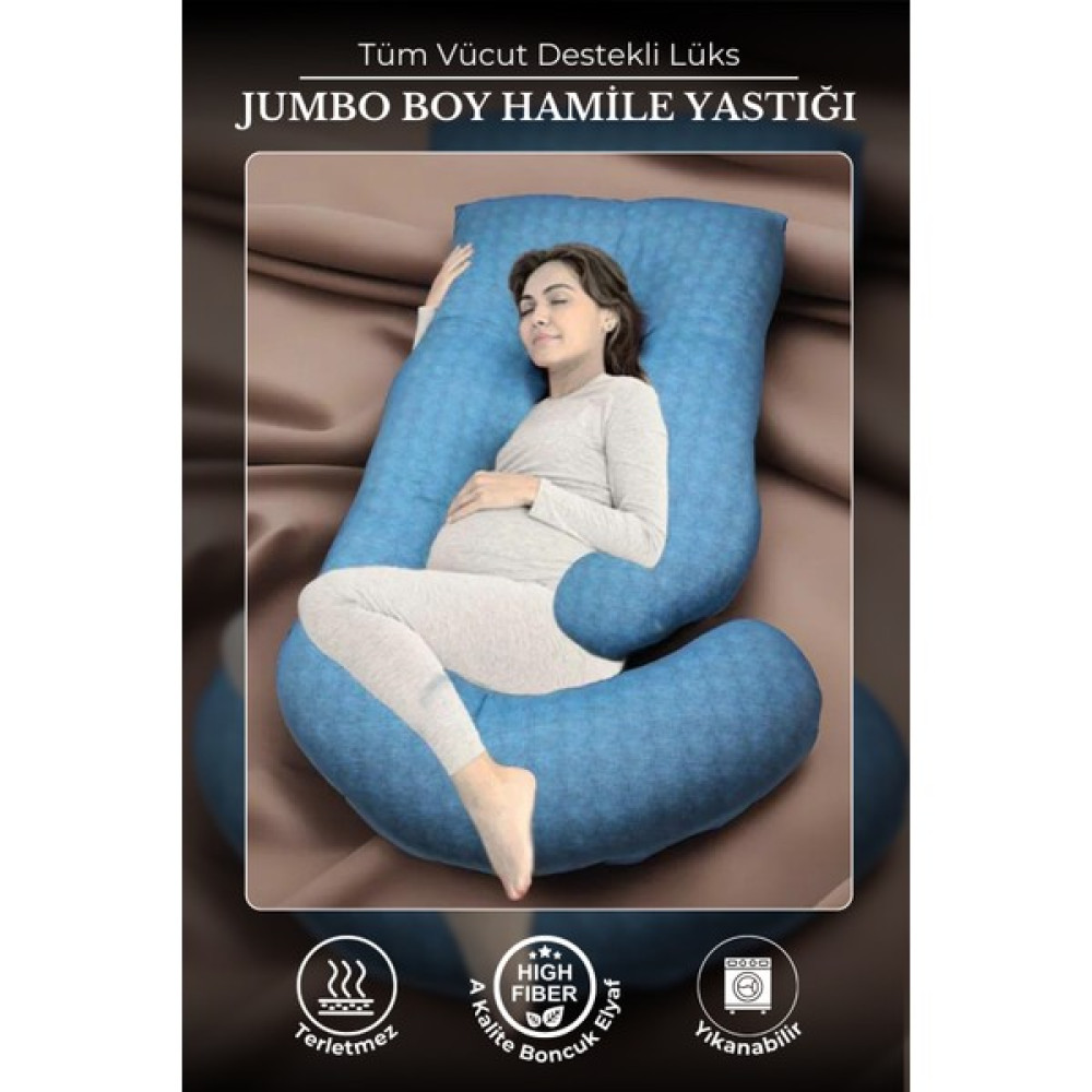 Kinderhug Tüm Vücut Destekli Lüks Jumbo Boy Hamile Yastığı, Astarlı-Pamuklu Kumaş, Vakumlu Paket, 80x155 cm - Turkuaz Hamilelik ve Emzirme Fiyatı
