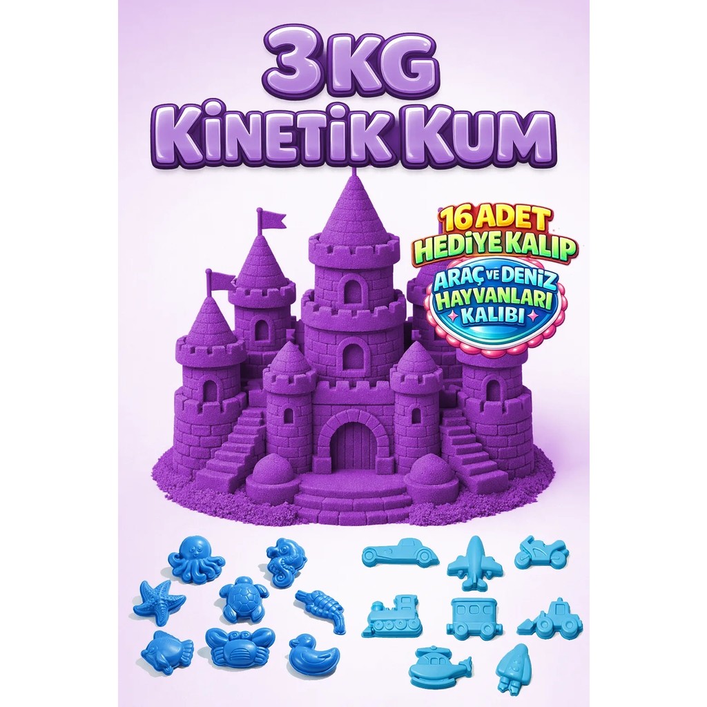 Kinetic Sand 3 kg ve 16 Adet Kum Kalıbı Hediye - Eğitici Öğretici Oyun Kumu - Mor Diğer Fiyatı
