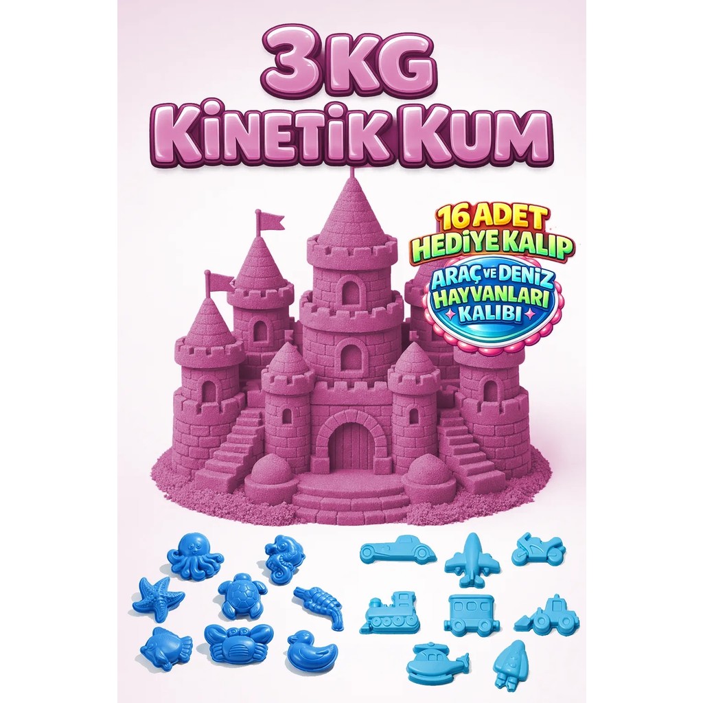 Kinetic Sand 3 kg ve 16 Adet Kum Kalıbı Hediye - Eğitici Öğretici Oyun Kumu - Pembe Diğer Fiyatı