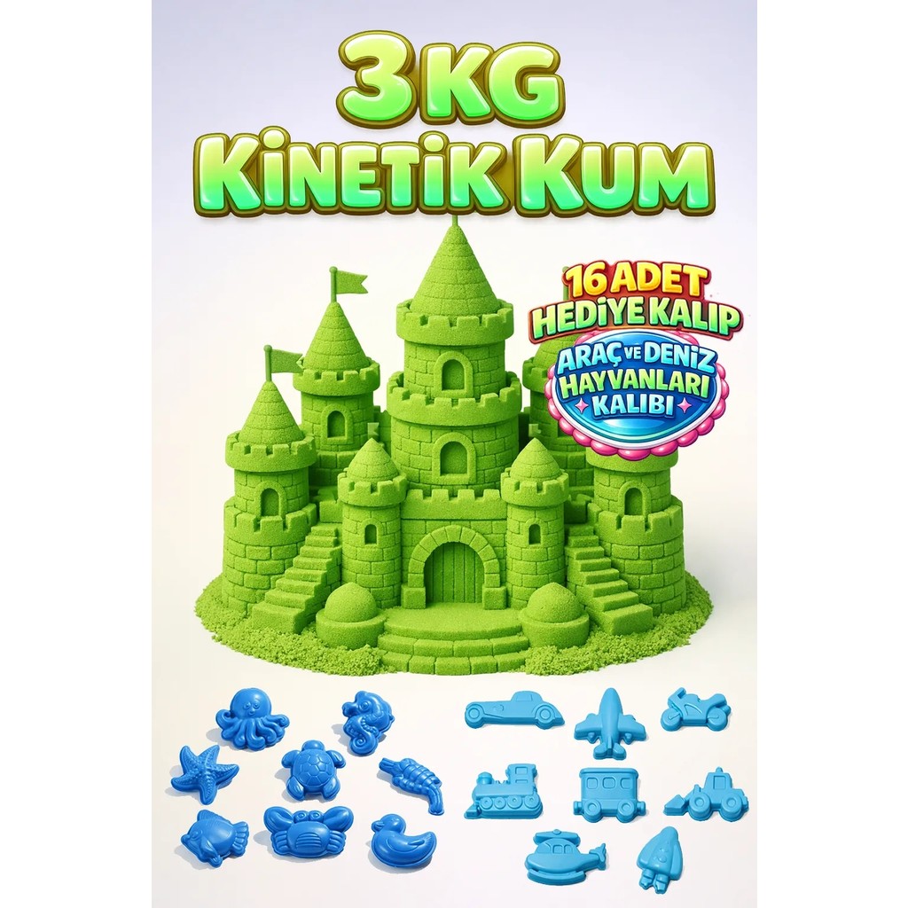 Kinetic Sand 3 kg ve 16 Adet Kum Kalıbı Hediye - Eğitici Öğretici Oyun Kumu - Yeşil Diğer Fiyatı