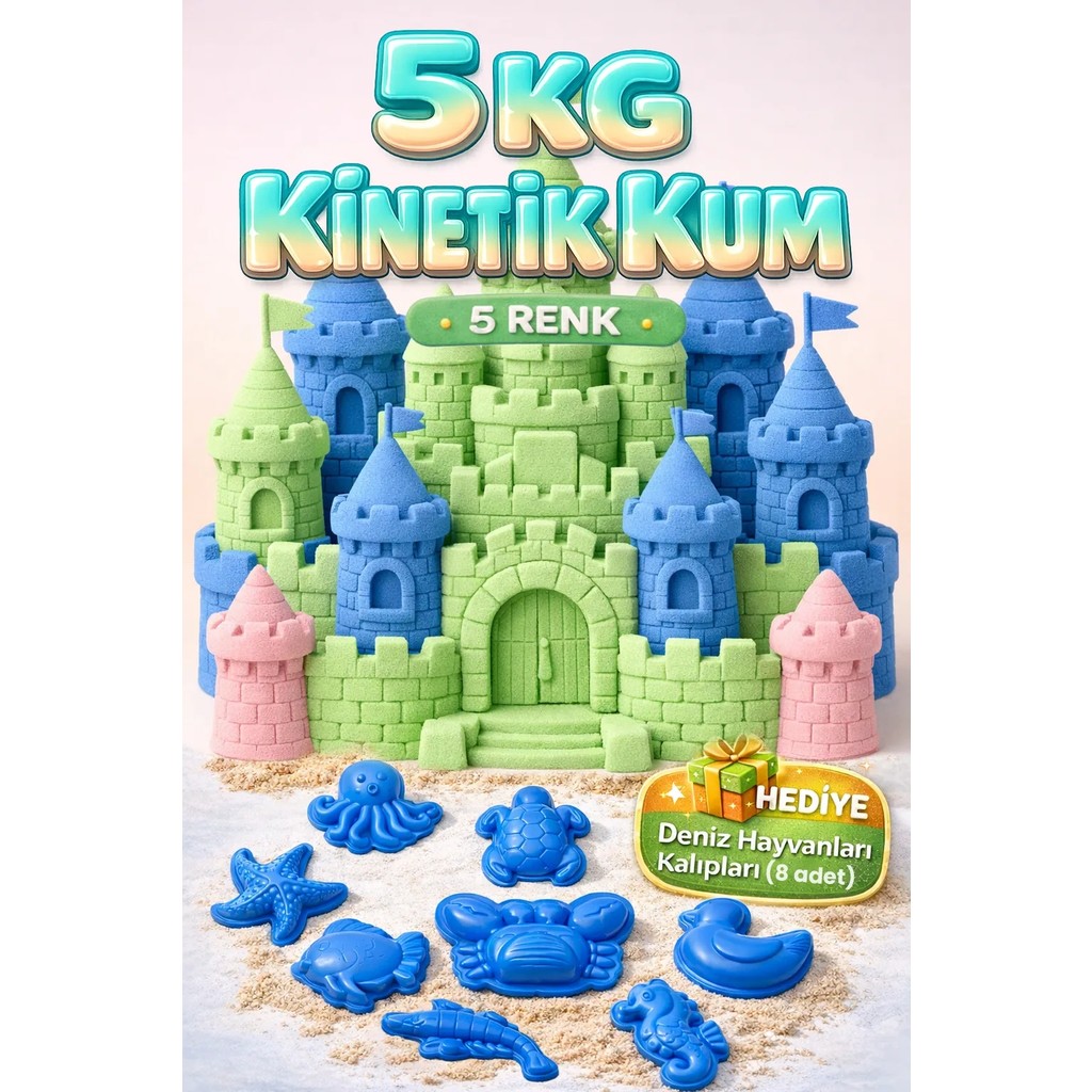 Kinetic Sand 5 kg Kinetik Kum 5 Renk ve 8 Adet Kum Kalıbı - Eğitici ve Öğretici Oyun Kumu Seti - Çok Renkli Diğer Fiyatı