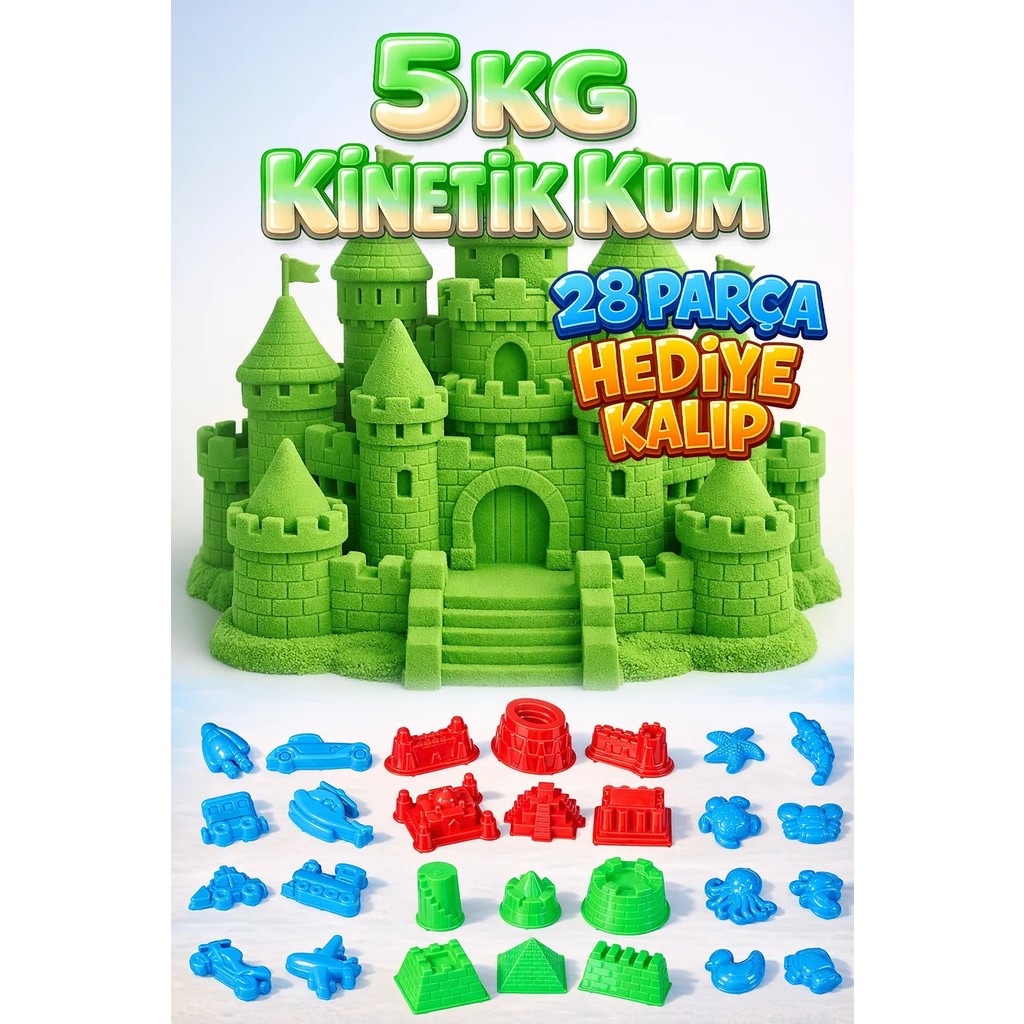 Kinetic Sand 5 kg Kinetik Kum ve 28 Parça Kum Kalıbı Hediye - Eğitici ve Öğretici Oyun Kumu - Yeşil Diğer Fiyatı
