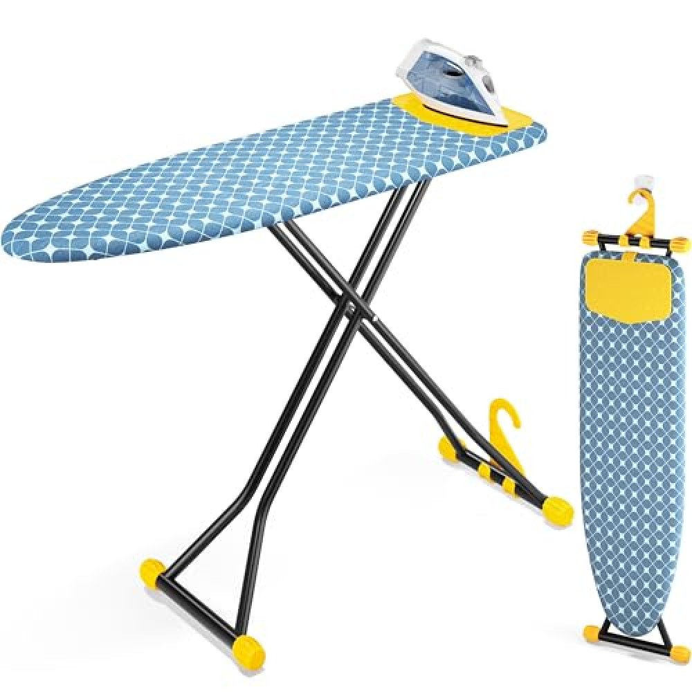 KINGBOARD Ironing Board, Compact Iron Board with Silicon Iron Mat, Heat Resistant Cover, 7 Height Adjustable, Foldable Ironing Board Wall Mount Hanger, 13x43 Yellow Ironing Boards and Accessories Fiyatı