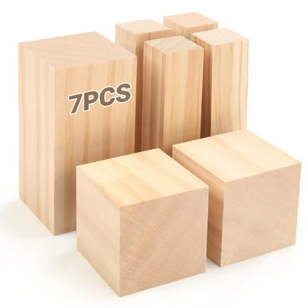 KINGBRO 7 Pcs Basswood Carving Blocks, Whittling Wood Blocks Kit with 3 Different Sizes, Carving Soft Wooden Block for Beginners and Professional Artists DIY Wood Carving Crafts