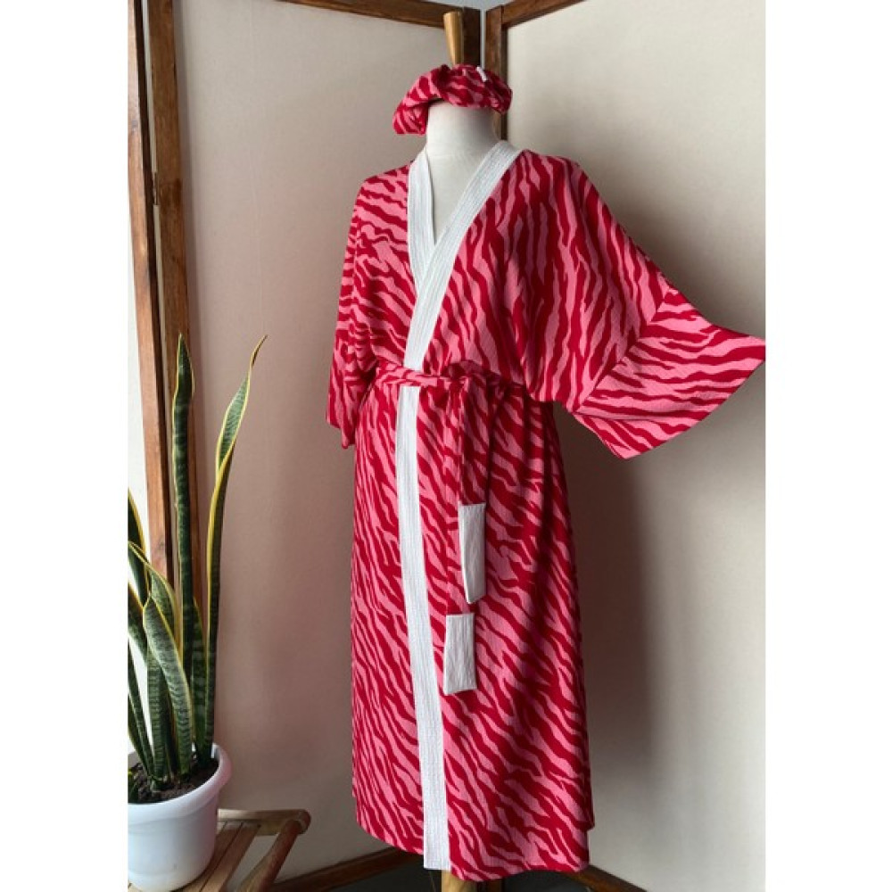 Kinua Studio Krinkıl Kumaş Pembe Zebra Desenli Kadın Uzun Kimono Tokalı Set Kadın Giyim Fiyatı