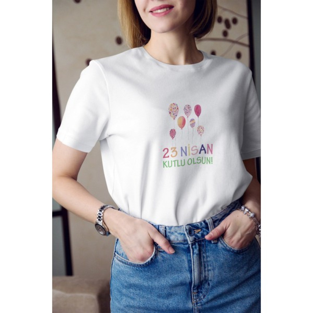 Kio Tasarım 23 Nisan Balonları Baskılı T-Shirt Kadın Sevgililer-Doğum-Günü Hediye Bayan T-shirt Fiyatı