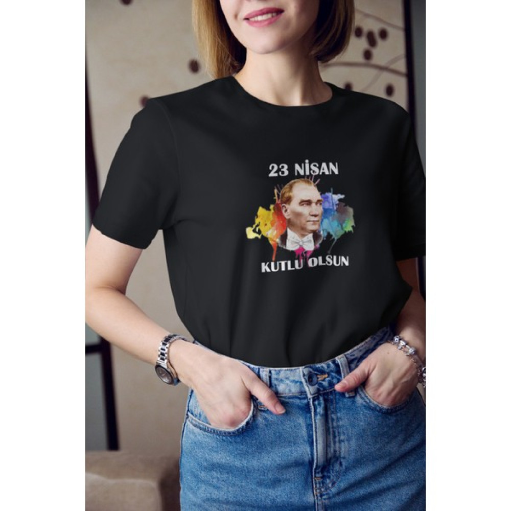 Kio Tasarım 23 Nisan Renkkli Atatürk Baskılı T-Shirt Kadın Sevgililer-Doğum-Günü Hediye Bayan T-shirt Fiyatı