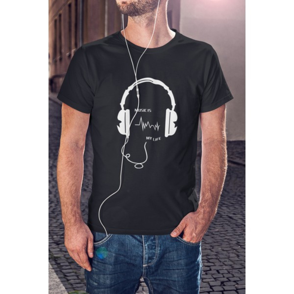 Kio Tasarım Kulaklık Siyah Beyaz Music is My Life Yazı Baskılı Tişört Erkek Pamuk Sevgililer-Doğum-Günü Hediye Erkek T-shirt Fiyatı