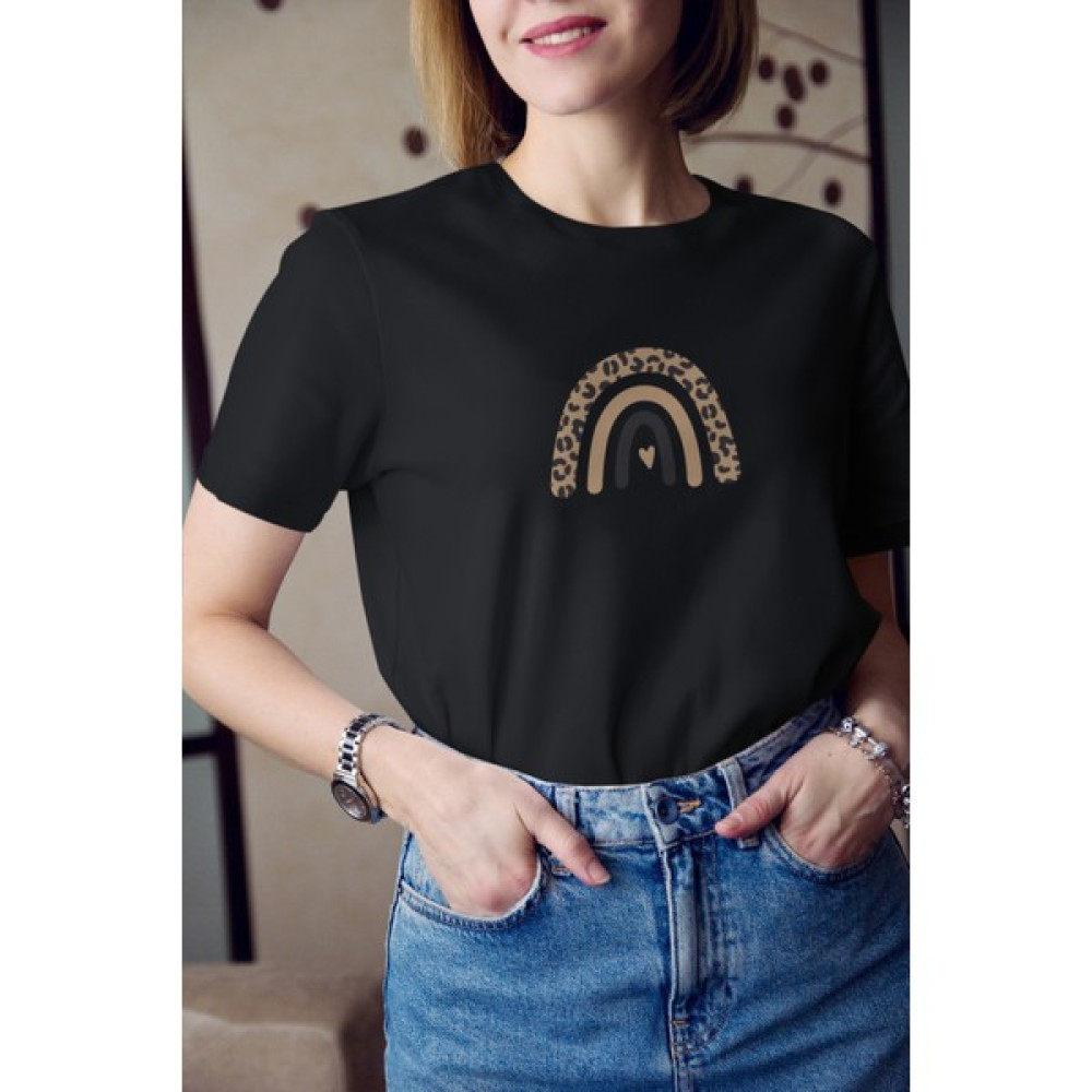 Kio Tasarım Leoparlı Bohem Gökkuşağı Çizimi Baskılı T-Shirt Kadın Sevgililer-Doğum-Günü Hediye Bayan T-shirt Fiyatı