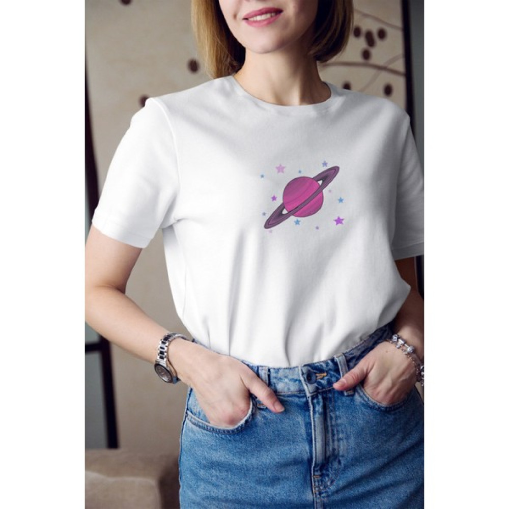 Kio Tasarım Pembe Satürn ve Yıldız Baskılı T-Shirt Kadın Sevgililer-Doğum-Günü Hediye Bayan T-shirt Fiyatı