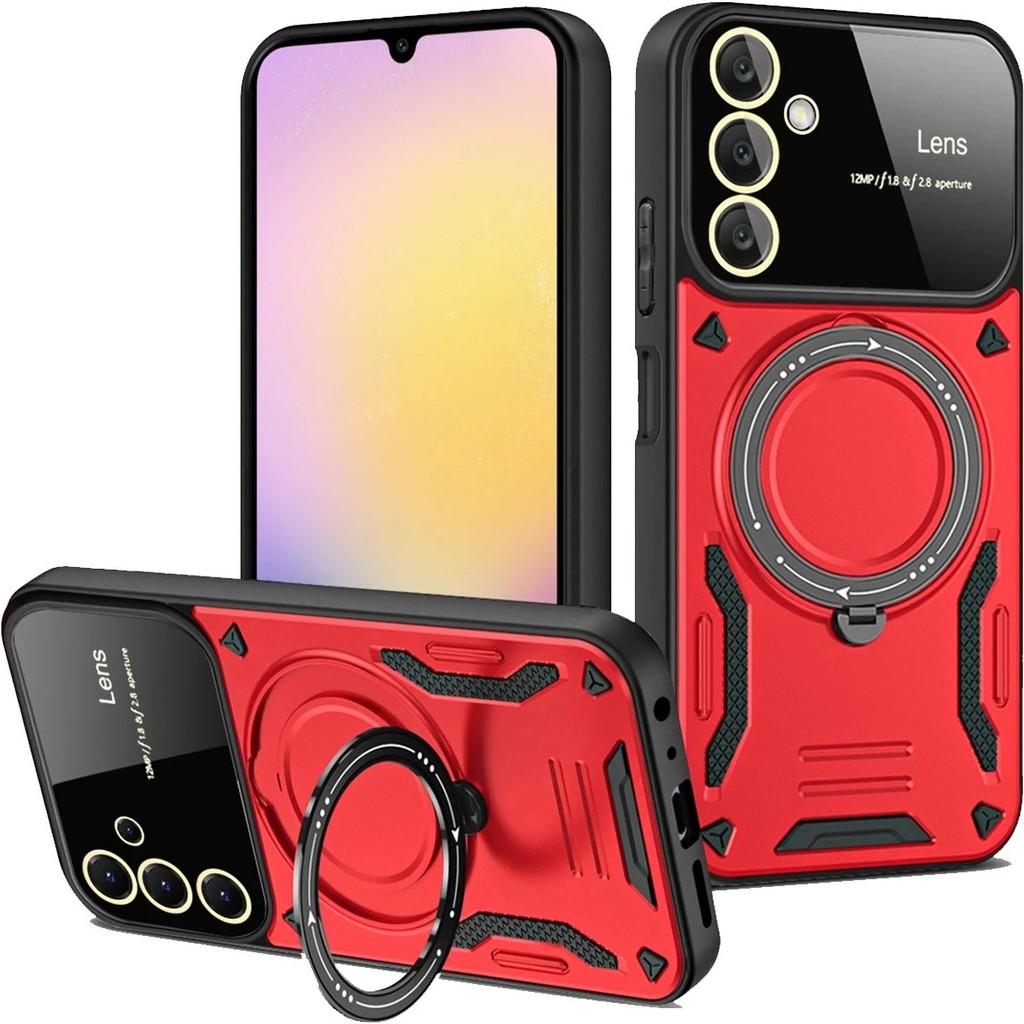 Kip GSM Samsung Galaxy A56 Uyumlu Kılıf Kamera Lens Koruyuculu Magsafe Destekli 360 Dönen Halka Standlı Kapak - Kırmızı Cep Telefonu Kılıfı Fiyatı