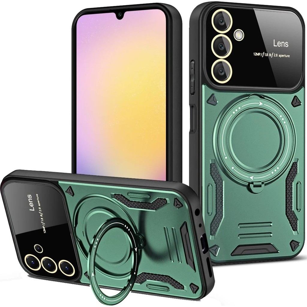 Kip GSM Samsung Galaxy A56 Uyumlu Kılıf Kamera Lens Koruyuculu Magsafe Destekli 360 Dönen Halka Standlı Kapak - Koyu Yeşil Cep Telefonu Kılıfı Fiyatı